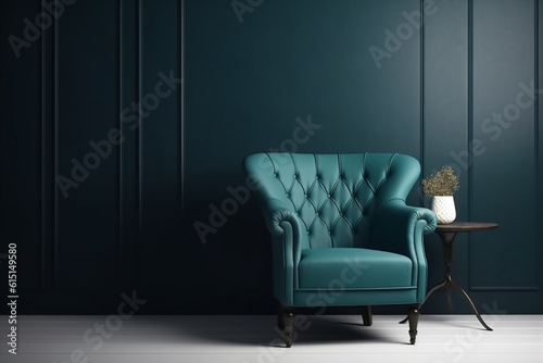 Vintage sofa and lamp on green wall.