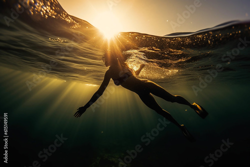 Freediving and beautiful light in blue sea. Generative ai photo