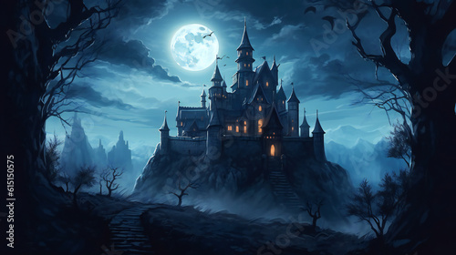 very realistic illustration of a fantasy castle with a glowing full moon in the background  Halloween mood background  AI generated