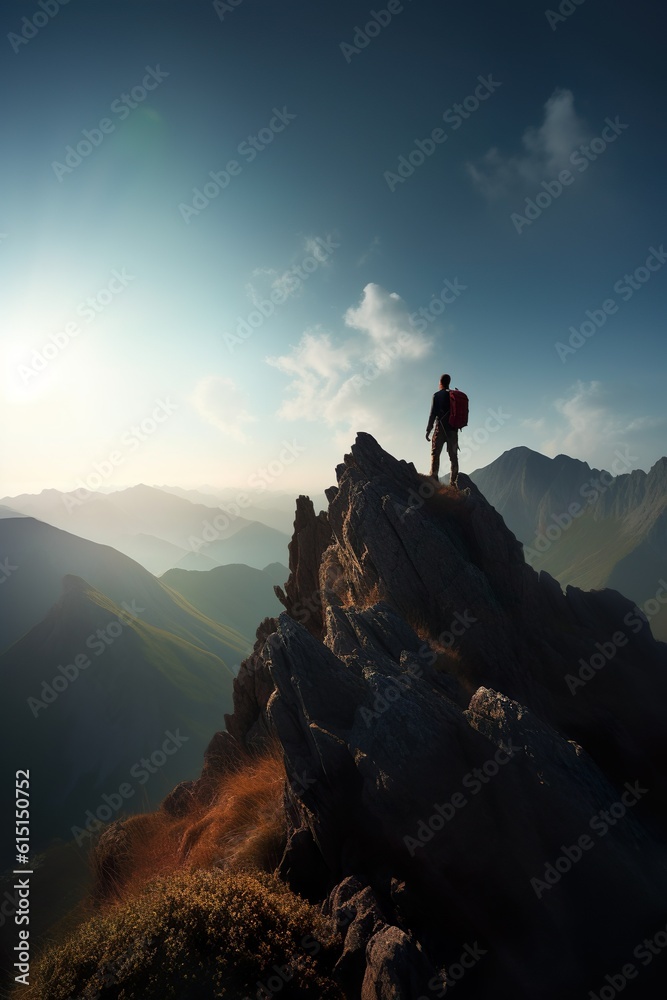 Hiker conquering a mountain