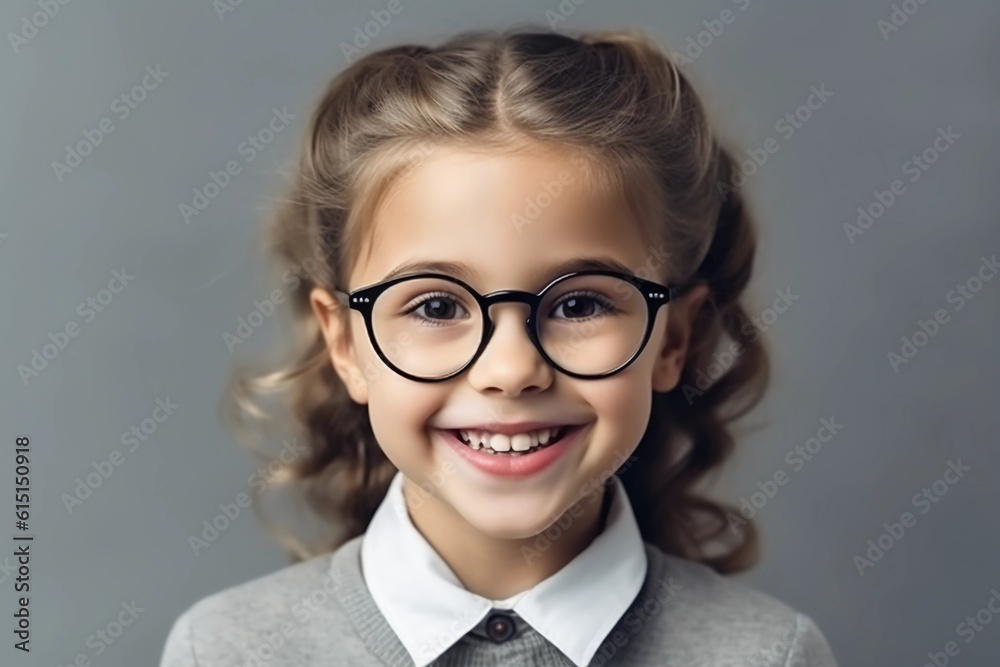 Smiling, cute, little schoolgirl girl with glasses on a white background. Back to school.