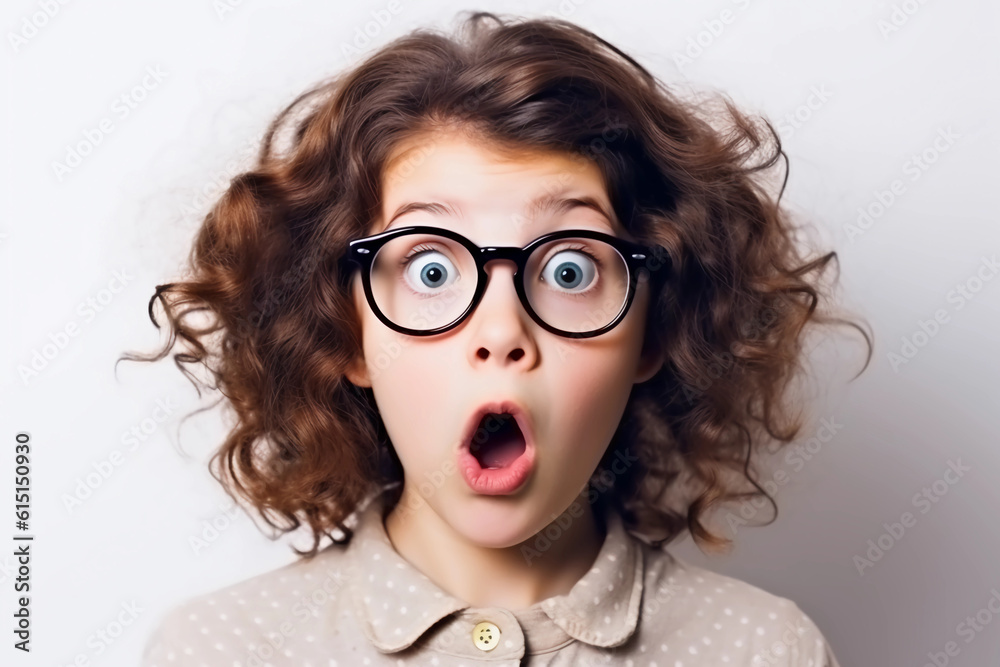 A surprised little girl, with her mouth wide open and her eyes on a white background. Back to school. A surprised little girl, with her mouth wide open and her eyes on a white background. Back to school.