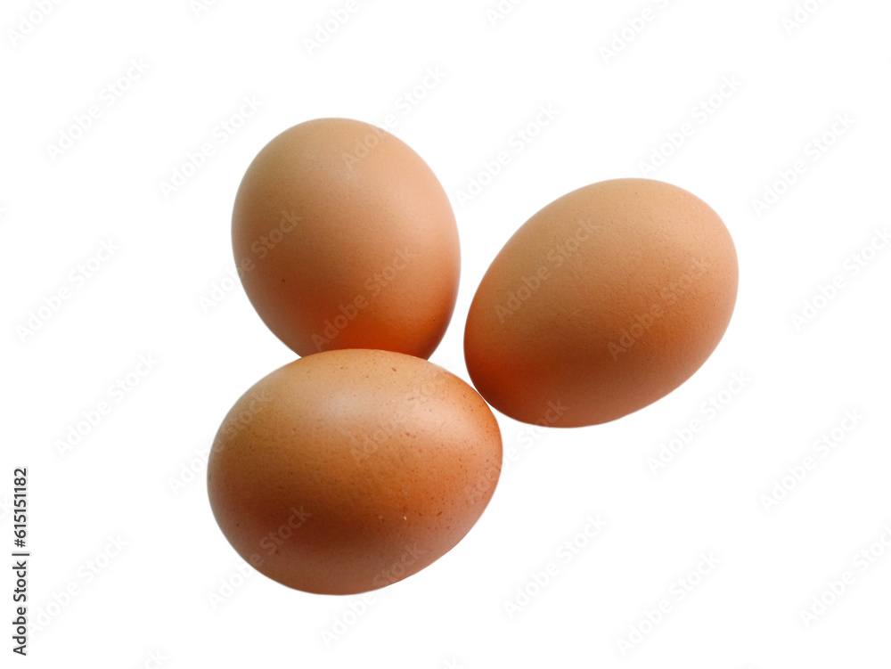 The image depicts three chicken eggs, without any background. The image depicts three chicken eggs, without any background.