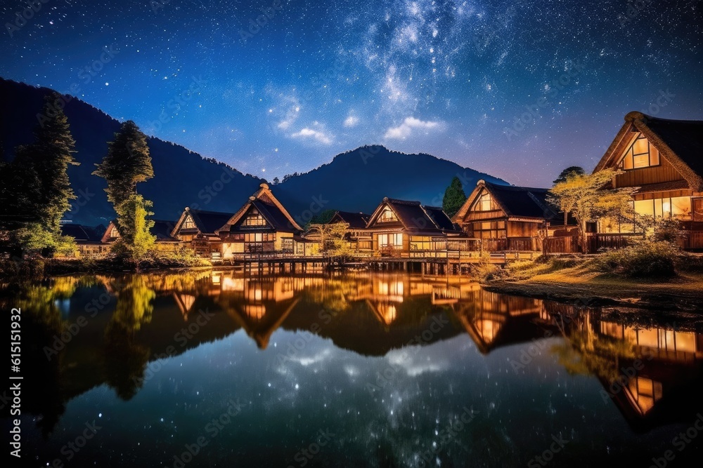 Fototapeta premium Japanese small village where I want to go one day. I am attracted by its atmosphere and culture. Spend a few days here. Generative AI Technology 
