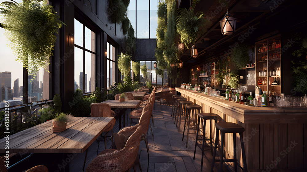 Empty rooftop bar in the concrete jungle, interior design, wood and plantings, A.I generated, A.I Illustration