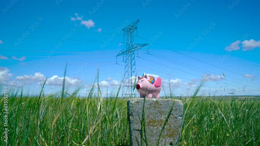 Una persona echando monedas en una hucha de cerdito unicornio en un campo de trigo con torres eléctricas a su espalda como concepto del precio de la electricidad, ahorro energético, medioambiente, etc
