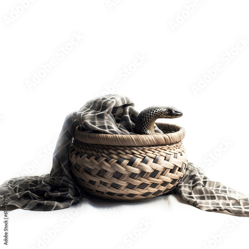 a snake curled up in a cozy blanket within a wicker basket photo