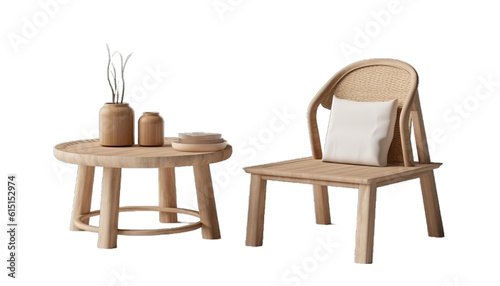 Chair and table japandi style. set of decor items furniture isolated on transparent or white background