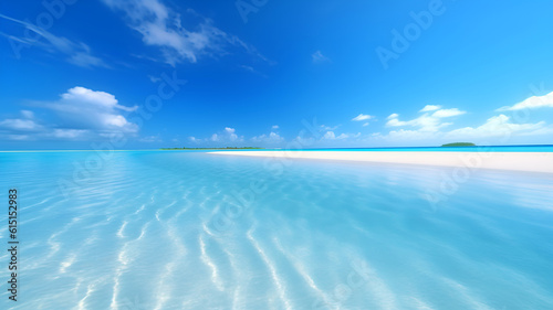 Photograph of Summer Beach with blue sky, ocean, waves, sands © Yuki Liu