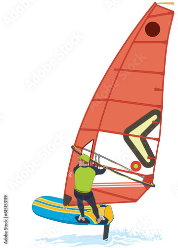 sailing male rider windsurfing on IQFoil board and red sail lifting out of water isolated on white background
