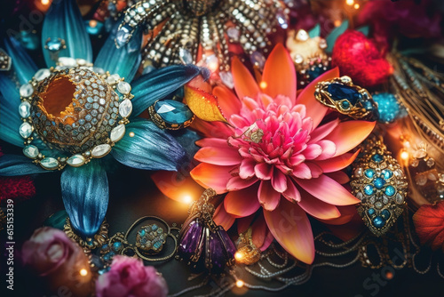 Bright colorful background with a set of flowers and a jewelry at a wedding in India. Generative AI.