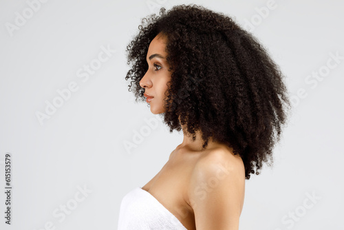 Side view portrait of african american lady with curly bushy hair looking aside, posing on gray background, banner photo