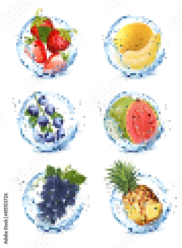 Set of different water splashes with fruit and berries. Peach, kiwi, apricot, passion fruit. mango, grape, banana. Vector