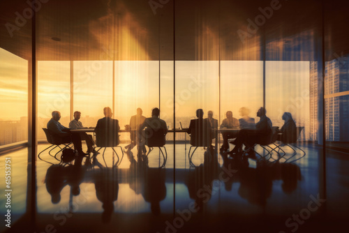 Silhouettes of business people meeting in conference hall. Businessmen teamwork planning strategy in office. Created with Generative AI