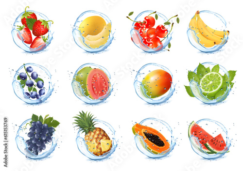 Fototapeta Naklejka Na Ścianę i Meble -  Set of fruits and vegetables in water splashes. Mango, watermelon, cherry, blueberry,  sweet melon, pineapple, strawberry, grape. papaya, banana, guava in water splash and drops. Vector illustration.