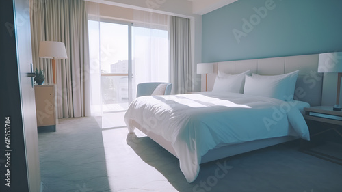 Interior of a modern luxury bedroom hotel bedroom, minimal style, soft sun lit bedroom	