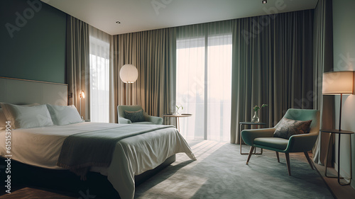 Interior of a modern luxury bedroom hotel bedroom, minimal style, soft sun lit bedroom	
