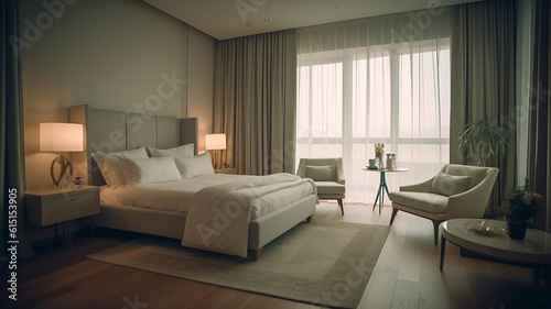 Interior of a modern luxury bedroom hotel bedroom, minimal style, soft sun lit bedroom 