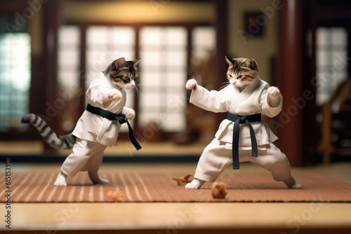Two cats wearing kimono for martial arts at training. Kittens practicing kung fu or karate. Anthropomorphic fighters. Created with Generative AI