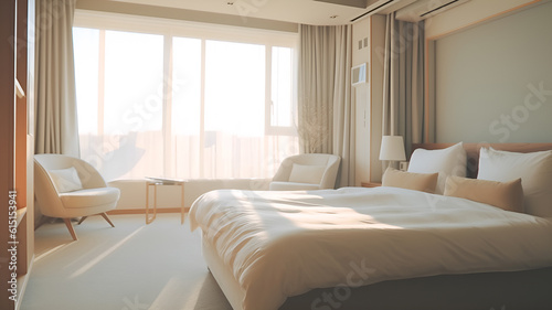 Interior of a modern luxury bedroom hotel bedroom, minimal style, soft sun lit bedroom	