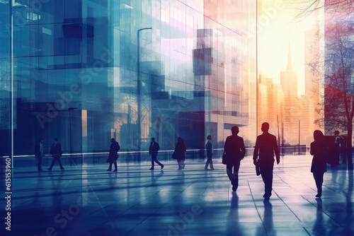 Silhouettes of group of people in downtown with motion blur effect. Crowd of people walking at city street. Unrecognizable people on the road. City life. Created with Generative AI © Lazy_Bear