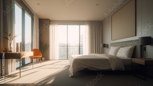 Interior of a modern luxury bedroom hotel bedroom  minimal style  soft sun lit bedroom 
