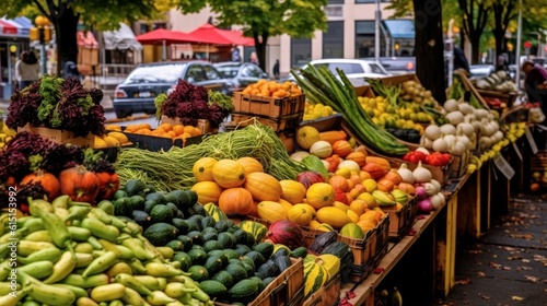 Thanksgiving harvest market images of a lively mar with vegetables and fruits. AI generated © PandaStockArt
