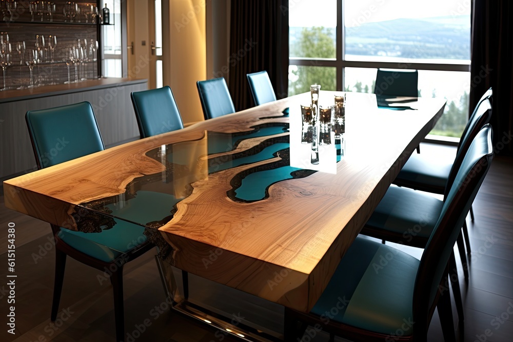 Epoxy resin table for perfect elegance in the dining room, which can be admired at every meal. Generative AI Technology  