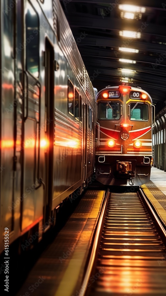 Obraz premium A high-speed train is rushing along the tracks. Generative AI