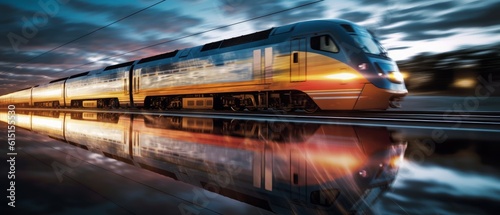 A high-speed train is rushing along the tracks. Generative AI