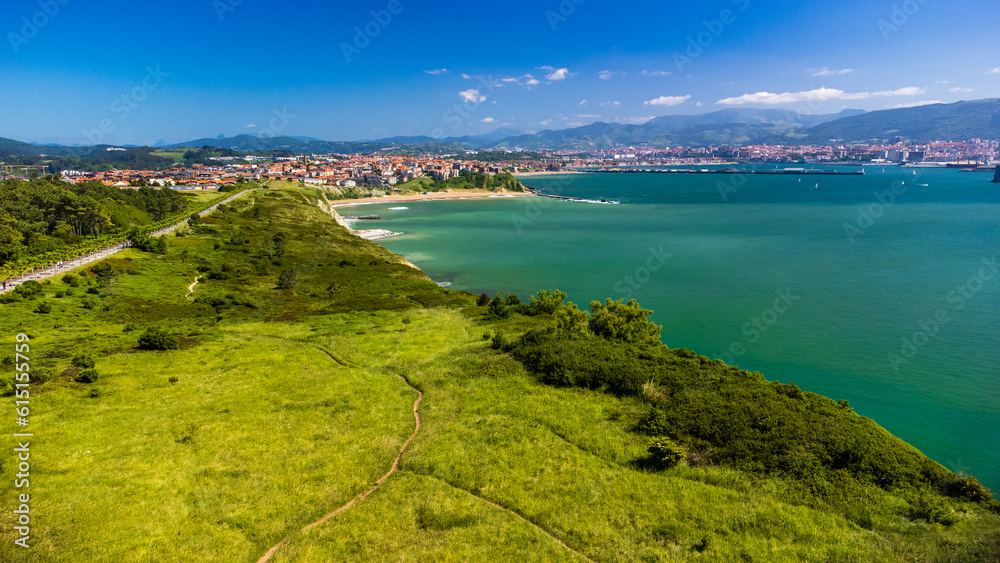 Aerial view of Punta Galea, Getxo and Bilbao. Biscay, Basque Country, Spain.