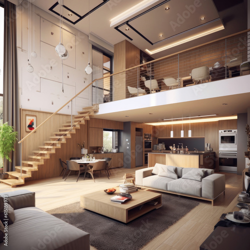 Interior design of a living room, loft style, two storey apartment. 3D rendering.