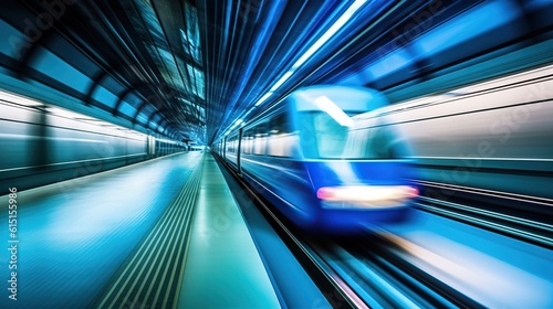 Motion blue blur of an automatic train moving in a tunnel. generative AI