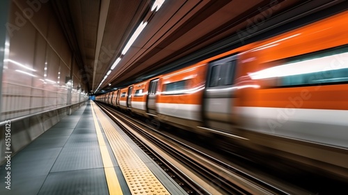 Motion orange blur of an automatic train moving in a tunnel. generative AI