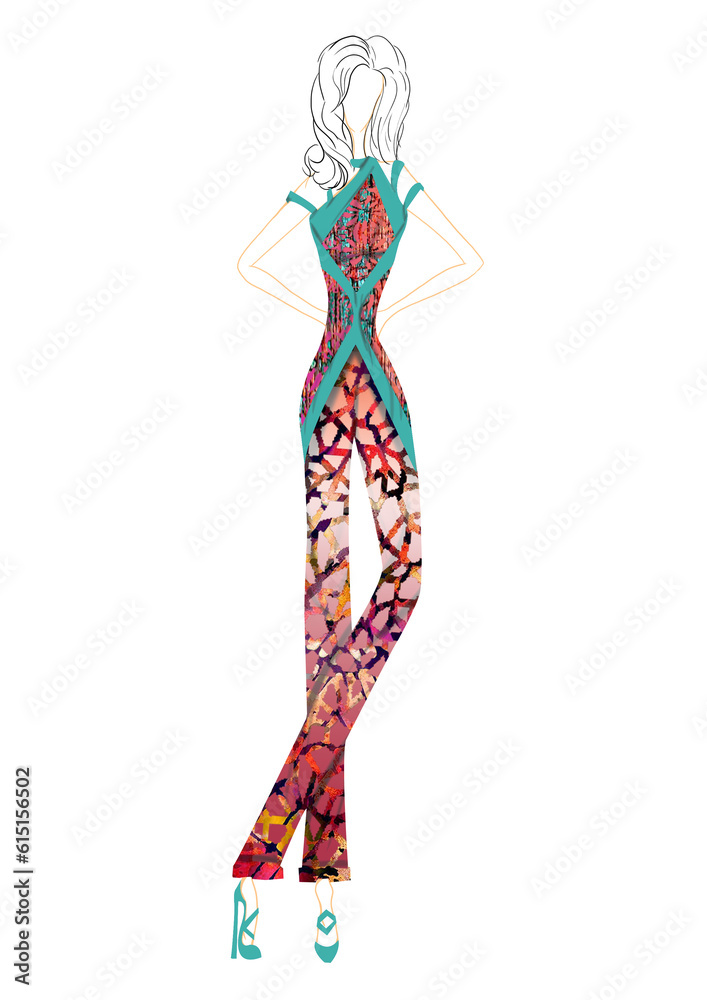 Fashion Illustration with Prints and Patterns - Fashion woman - Stylish cute girl in - Sketch. 