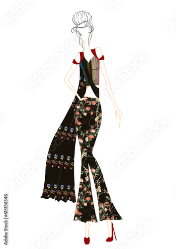 Fashion Illustration with Prints and Patterns - Fashion woman - Stylish cute girl in - Sketch. 