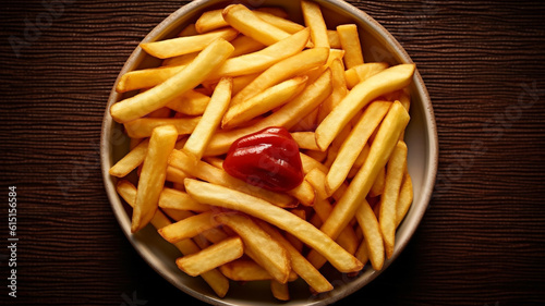 French fries with ketchup, fast food concept, unhealthy food