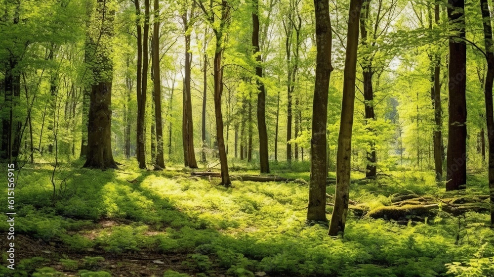 Fototapeta premium forest trees spring nature green wood sunshine background. generative AI