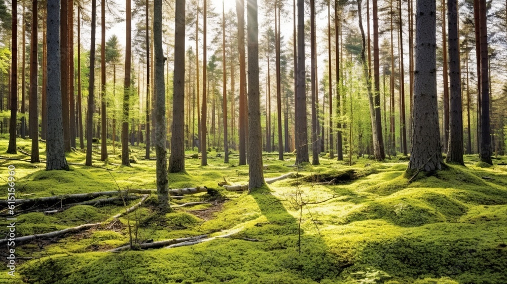Naklejka premium forest trees spring nature green wood sunshine background. generative AI