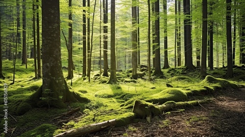 forest trees spring nature green wood sunshine background. generative AI
