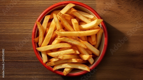French fries with ketchup, fast food concept, top view, unhealthy food