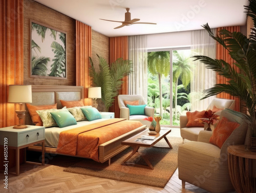 Interior design of a dream studio apartment  tropical style. minimal bed room.