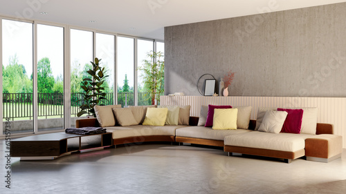 Fototapeta Naklejka Na Ścianę i Meble -  Large luxury modern bright interiors Living room mockup illustration 3D rendering computer digitally generated image