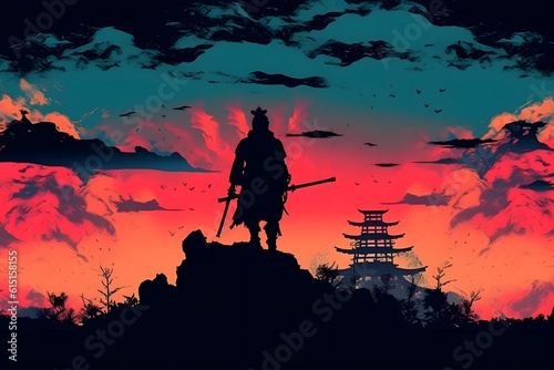 Beautiful samurai at sunrise. Generative AI