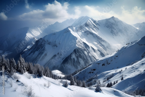 Generative AI. snowy mountain scenery background