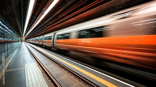 Motion orange blur of an automatic train moving in a tunnel. generative AI © maretaarining