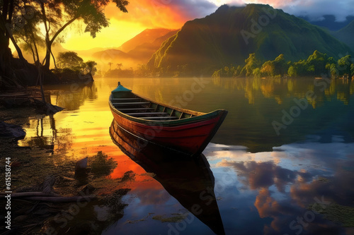 Boat on a lake with a stunning sunset in the background. Generative AI