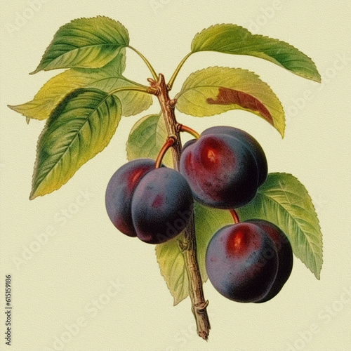 Ripe blue-purple plum fruits on the tree to harvest, Victorian style vintage illustration on creamy paper background