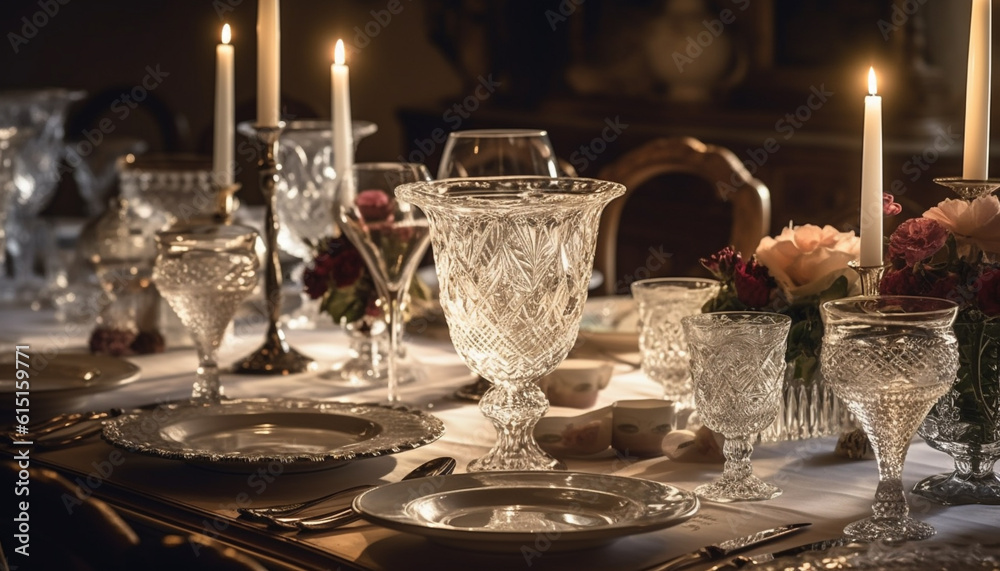 Luxury banquet table adorned with ornate crystal and silverware generated by AI