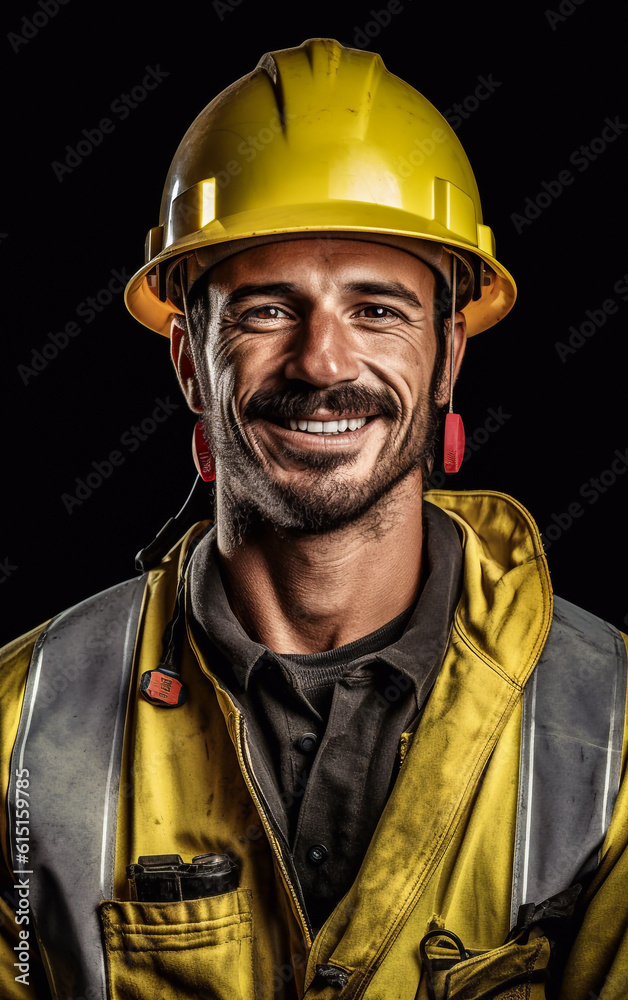 Close-up portrait of a construction worker with a yellow hard hat. smiling but tired